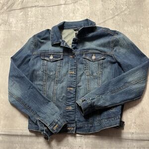 Gap Blue Cotton Short Jacket Button Collared Pockets Women's Small Long Sleeve